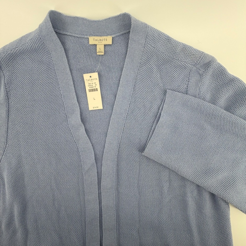 Talbots Womens Blue Textured Knit Open Front Duster Cardigan Sweater Large NWT